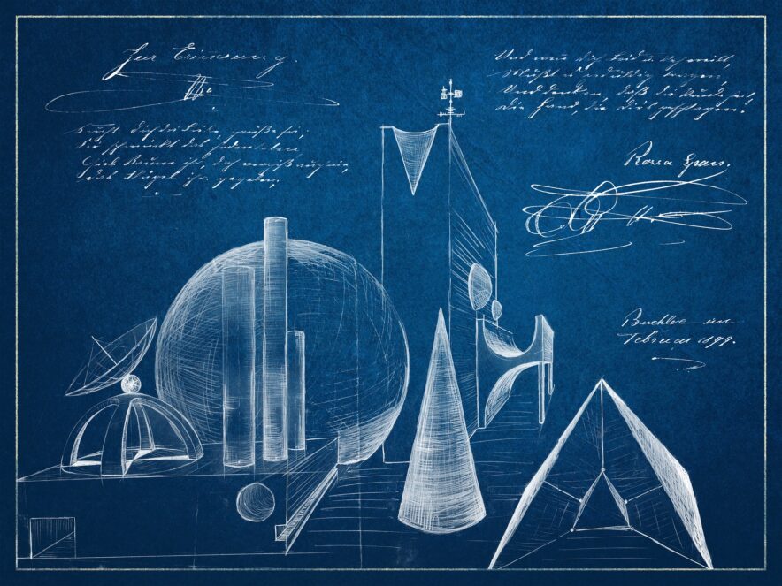 vintage blueprint showing drawings of strange shaped 3-d objects in cross-hatched white pencil, and ornate copperplate annotations in white ink
