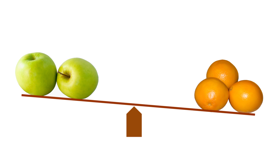 A see=saw balance with two green apples on one side and three oranges on the other. The balance is tipped in favour of the oranges