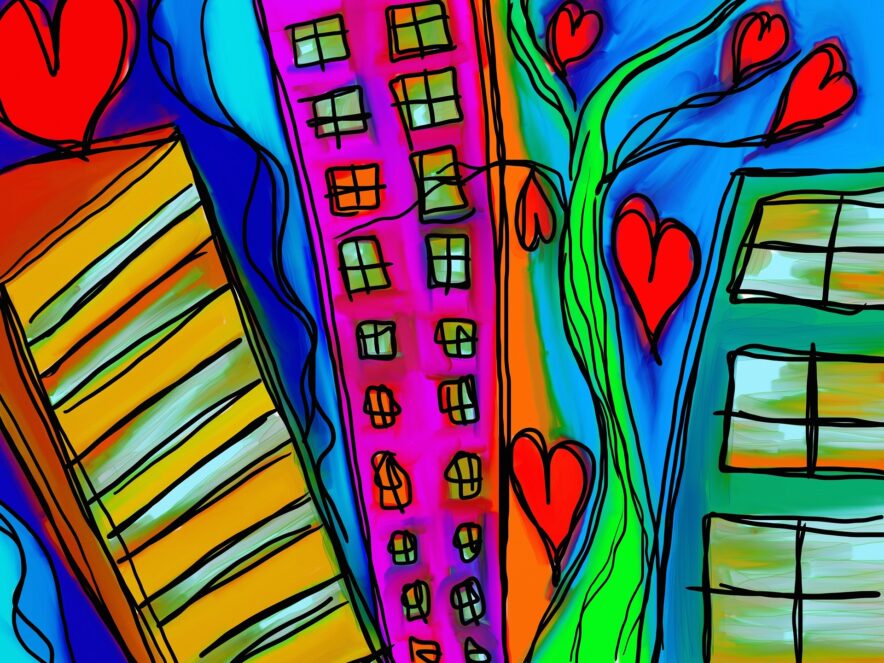 Brightly coloured dynamic illustration of tower blocks with vines and hearts growing between them